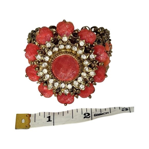 Pink And Orange Rhinestone Heart Flower Clamp Statement Bracelet 6.7" VTG - Picture 11 of 12
